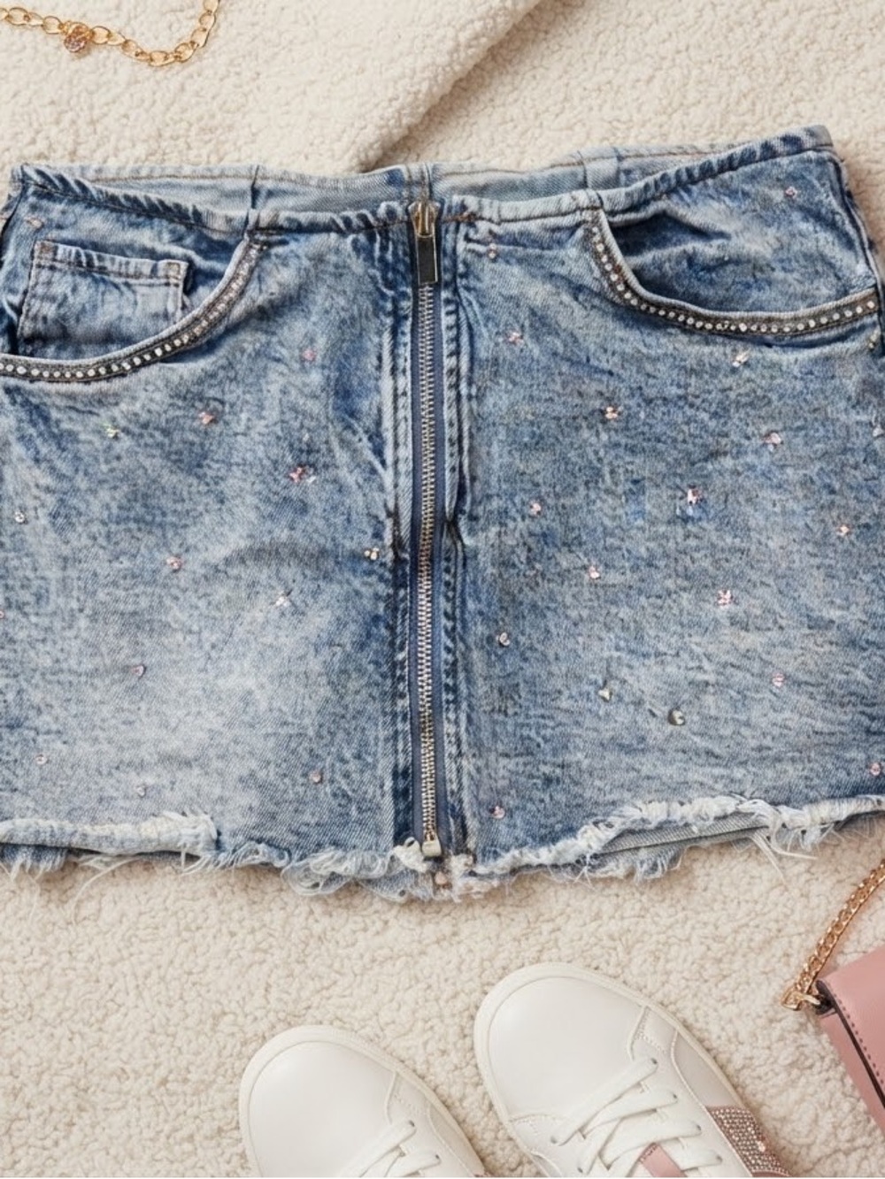 wild fable Light Blue Denim Mini Skirt with Front Zip and Rhinestones